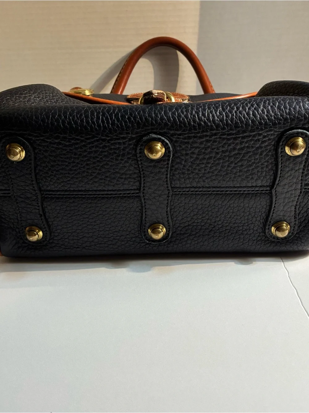 Vintage 80’s Dooney & Bourke Black Pebbled Leather Satchel with Brown Trim Navy